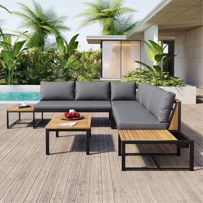 Ensemble de mobilier de patio avec causeuse, ensemble de canapé d'extérieur 4 pièces avec coussins imperméables, mobilier de patio avec conception durable en fer et en bois pour le jardin, la cour arrière, la piscine