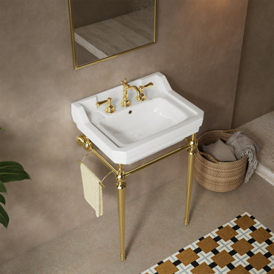 Lavabo de console de salle de bain mural Vici 23 po, lavabo en céramique blanche avec 3 trous de robinet pré-percés, pieds de support en acier inoxydable avec barre à serviettes intégrée