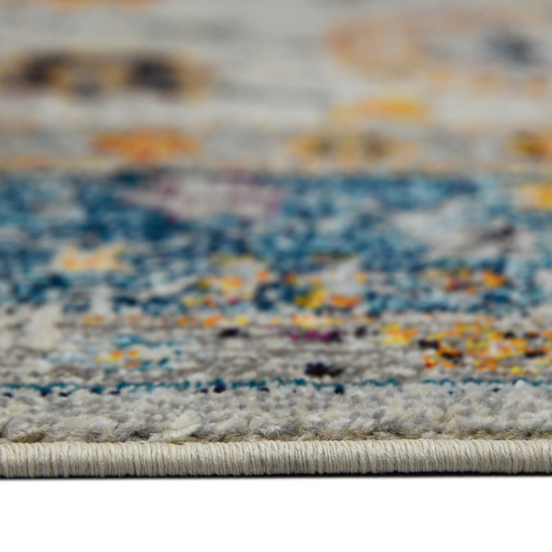 Blue and Orange Reversible Synthetic Rectangular Area Rug