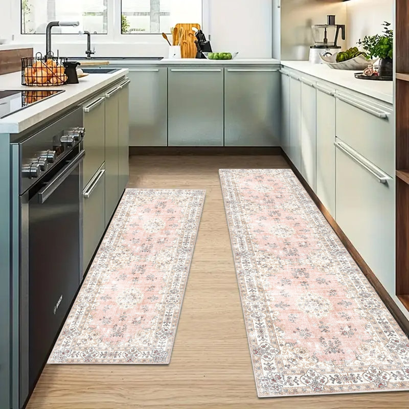 European-Inspired Floral Hallway Runner Rug with Non-Slip Rubber Backing, Machine Washable Polypropylene Accent Rug