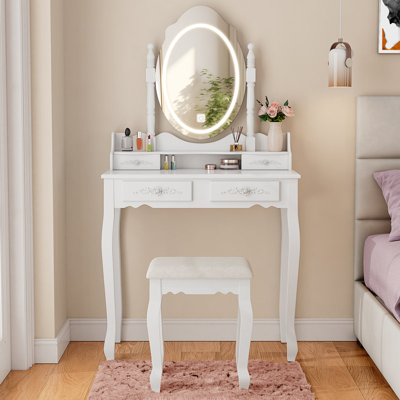 Jalea Vanity Desk with Mirror and Lights, Modern Makeup Table and Cushion Stool Set with 4 Drawers, White