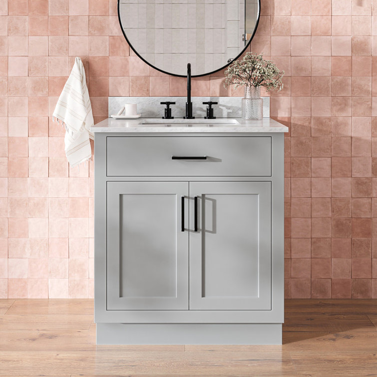 Jameal 30'' Solid Wood Single Bathroom Vanity with 0.75'' Carrara Marble Top, Rectangular Sink
