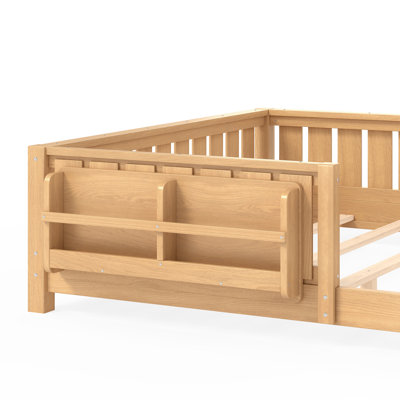  Queen Size Montessori Floor Bed, Solid Pine Wood Low Profile Bed Frame with Built-in Headboard Bookshelf, Full Safety Guardrail, No Box Spring Needed, Light Natural