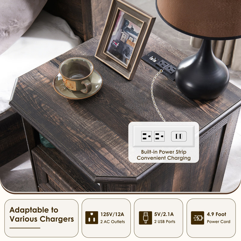 2 - Drawers Modern Wood Nightstand With Charging Station,bed Side Table With Open Storage For Bedroom And Built-in Outlets