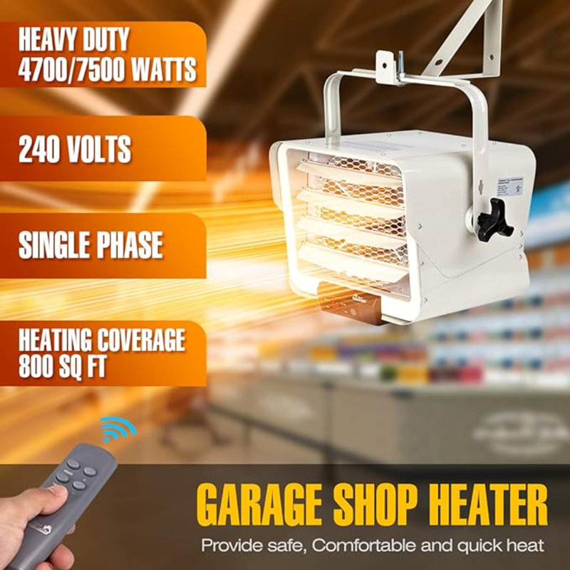DR. INFRARED HEATER NEW Upgraded DR-975 7500-Watt 240-Volt Hardwired Shop Garage Electric Heater, Wall/Ceiling Mounted With Remote Controlled Thermostat White