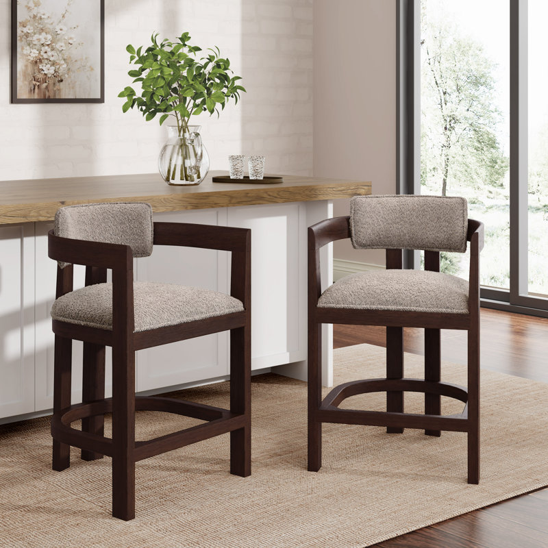 Evesham 26" Wood Upholstered Barstools, Taupe Boucle Seat/Espresso Frame