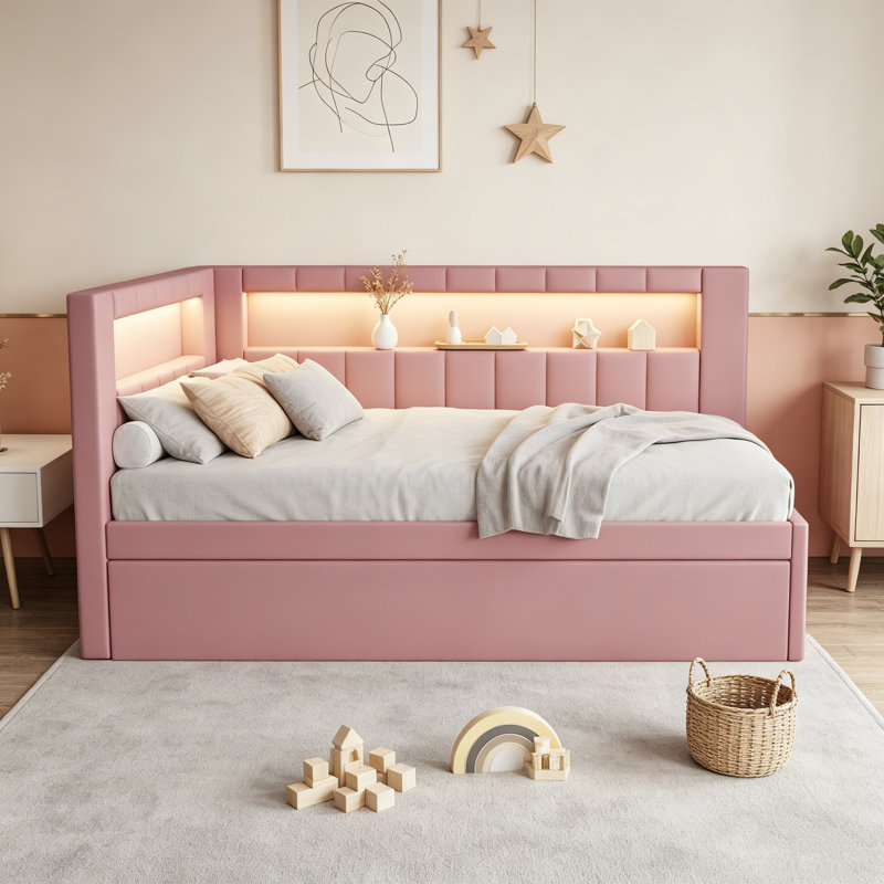Lit plateforme tapissier pleine grandeur blanc avec ports USB, bande lumineuse à DEL et lit gigogne simple, Lit simple, Rose