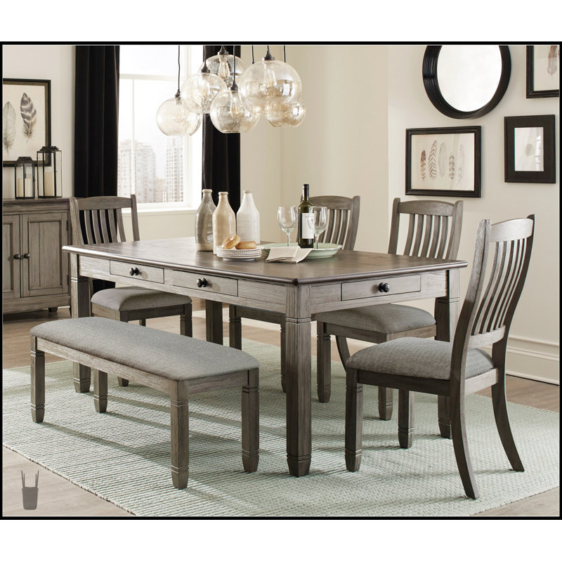 Ensemble de salle à manger 6 pièces gris antique et finition café avec banc rembourré, 4 chaises d'appoint et 6 tiroirs de rangement, parfait pour un style campagnard décontracté