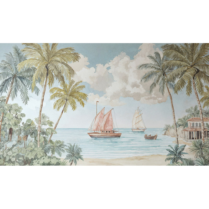 Papier peint tropical rétro avec palmiers, 160"x108", Peler et coller