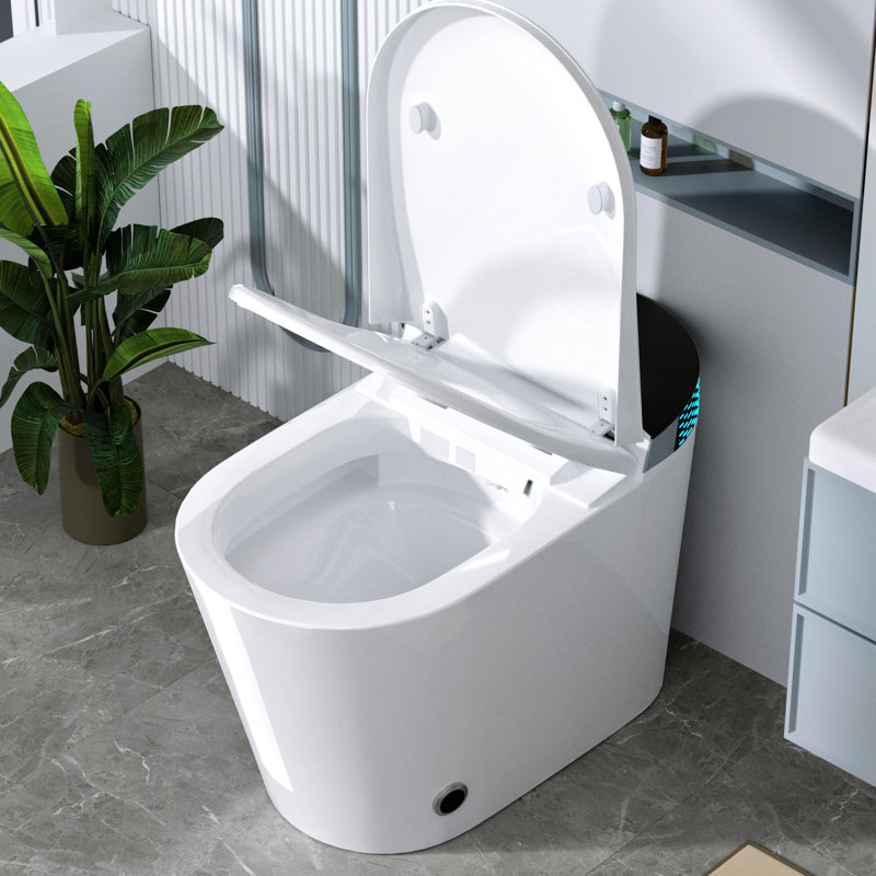 Smart Toilet With Foot - Kick Flushing, Less Than 1.28 Gallons Per Flush, Chair Height Design, White Porcelain, Easy Installation Built In Bidet, Lid Opening, Heated Seat, Rinse Function, Multi Mode