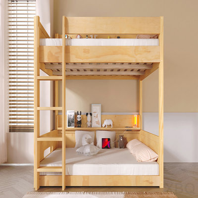 Queen Over Queen Bunk Bed With Storage Shelves And Usb Ports, Wood Color