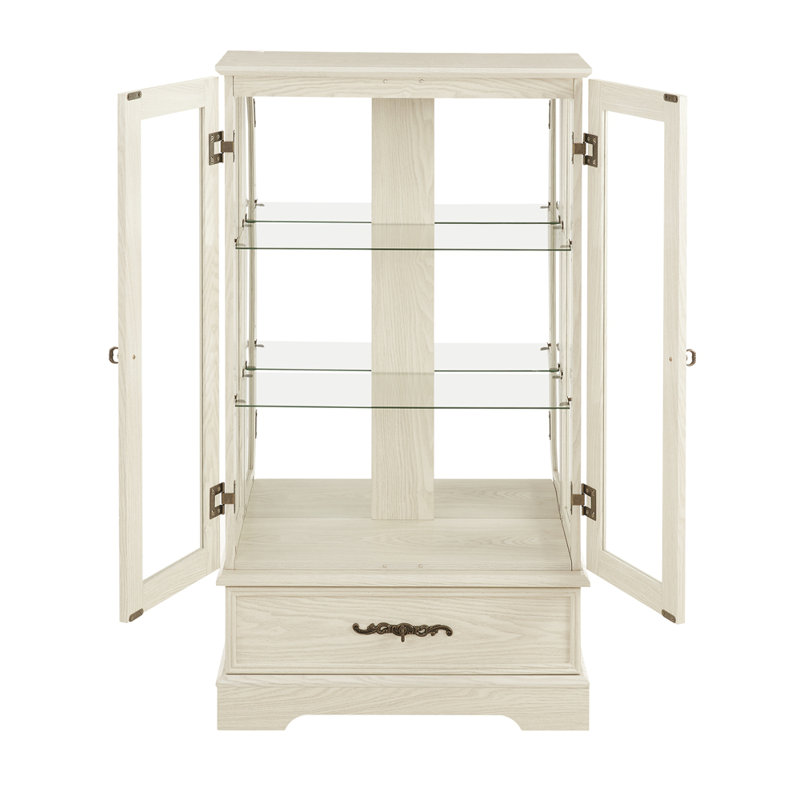 Élégante vitrine vitrée lumineuse avec tablettes réglables, 2 portes, 1 tiroir et ampoule, Chêne foncé, Yes