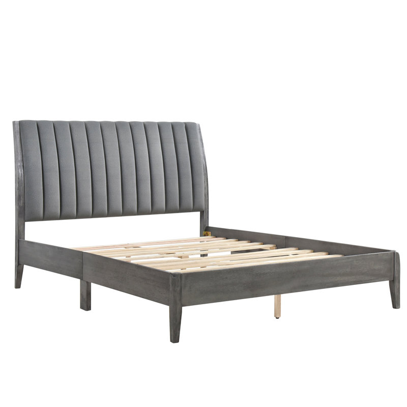 Lit plateforme grand moderne, tête de lit en velours, pieds en bois massif gris, meubles de chambre à coucher, revêtement en tissu sans sommier,