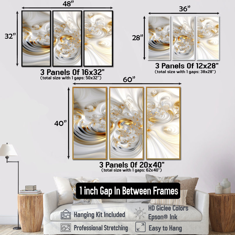 «Whirling River Dynamics Gold and White II - Abstract Spirals», ensemble d'art mural, Encadrement argenté