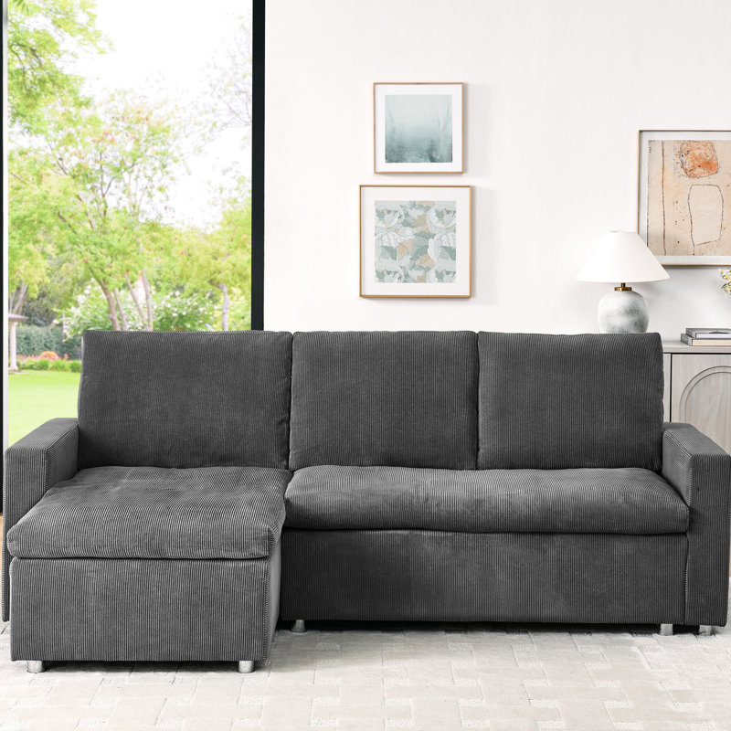 3 lits en velours côtelé gris avec méridienne réversible et rangement dissimulé, Gris