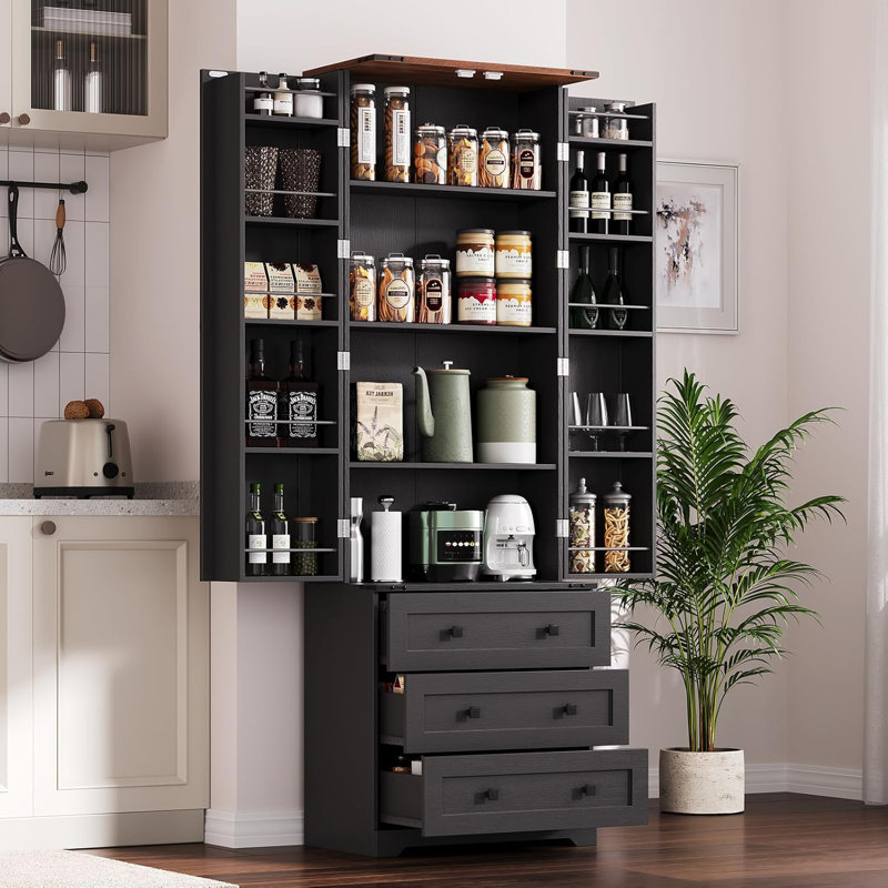 Grand garde-manger de style campagnard de 72 po avec 2 portes de grange et 3 tiroirs, tablettes de rangement réglables en bois pour la salle à manger, la salle de bain et le salon