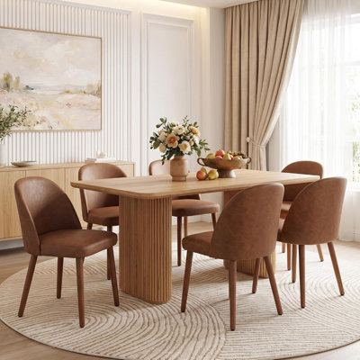 Ensemble de 6 chaises de salle à manger rembourrées en bois, chaises de cuisine modernes en tissu avec pieds en bois et dossier incurvé pour la salle à manger