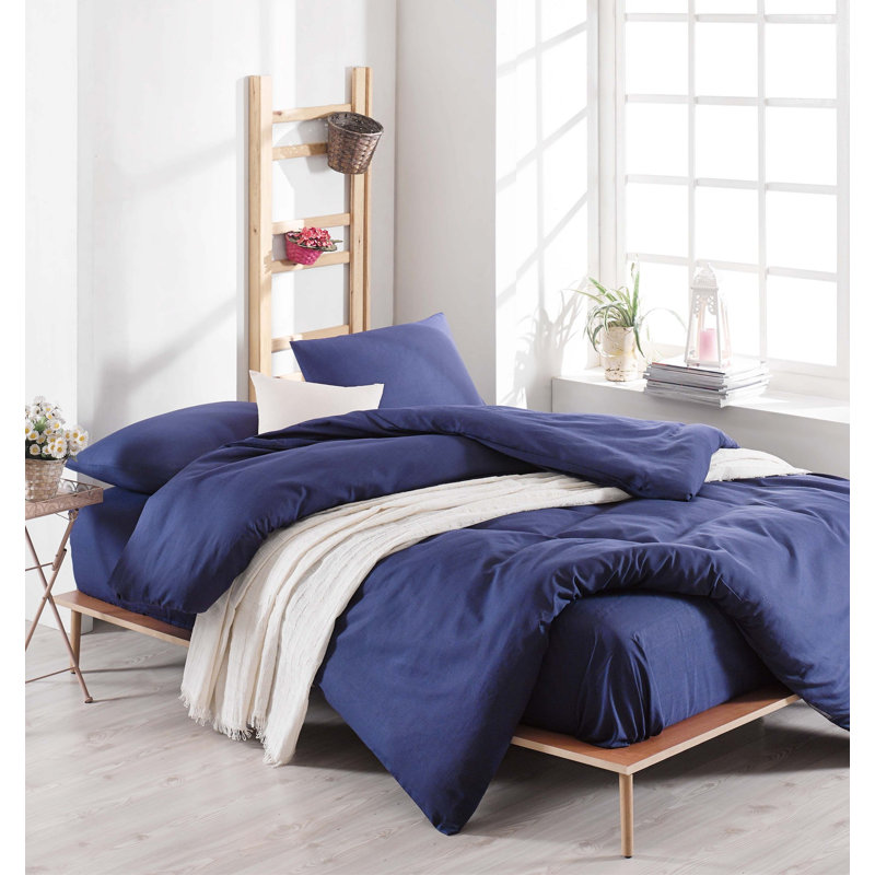Ensemble de housse de couette en mélange de coton Fabianna, Housse de couette double TG + 3 pièces supplémen, Bleu