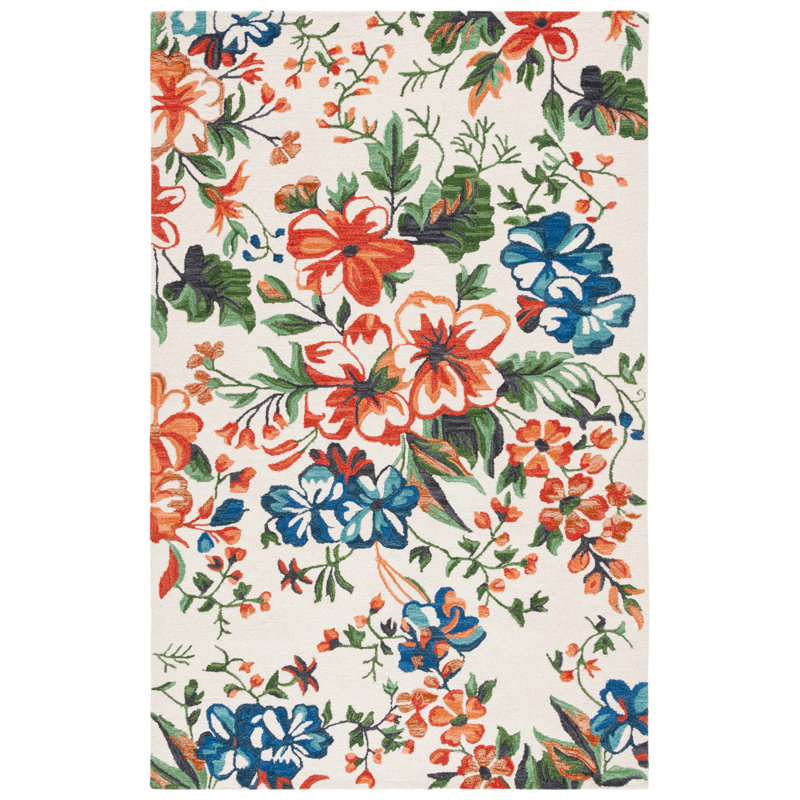Tapis floral en coton touffeté à la main Alliène ivoire / orange, Rectangle 3 pi x 5 pi