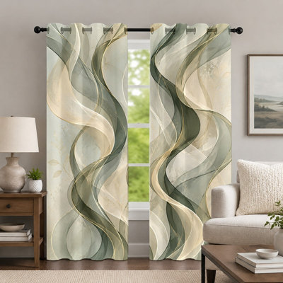 Rideaux à motifs ondulés verts et beiges (lot de 2), style abstrait, modernes et élégants, imprimés avec une texture fluide et artistique, à œillets, pour la décoration de la chambre ou du salon.