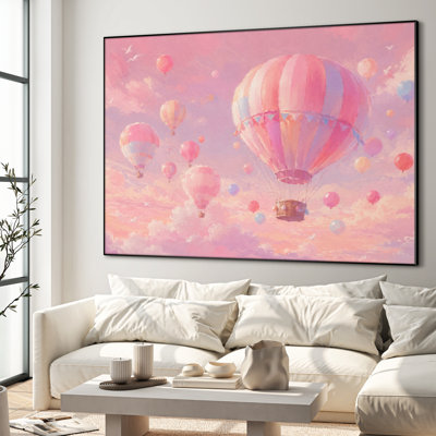 Très grand art mural imprimé sur toile - Montgolfière rose ciel bleu ciel avec nuages pastel romantiques pour le salon ou la chambre à coucher "Assemblage requis (cadre non fini)"