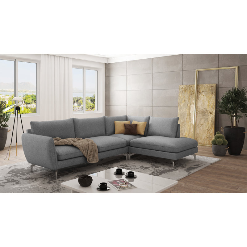 Modern L-Shape Corner Sofa  with Silver Metal Legs, Right Hand Facing, Grey