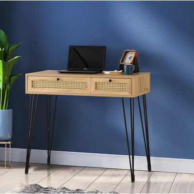Bureau d'étude élégant avec 2 tiroirs et plusieurs tablettes, chêne et noir, 41,3 po x 31,1 po x 21,7 po | Panneau de particules 100% enduit de mélamine, pieds en métal, fixation murale | Design industriel bohémien pour les espaces de travail modernes