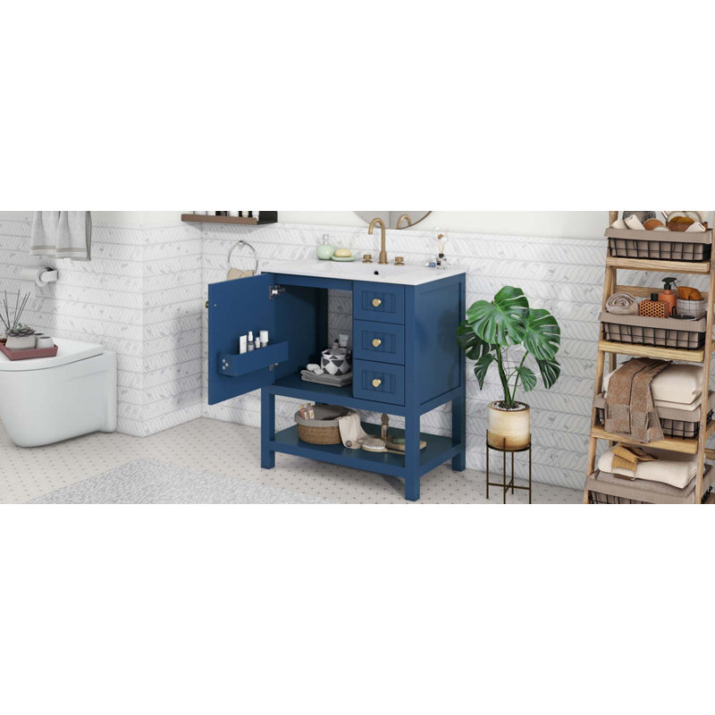 Meuble-lavabo transitionnel avec lavabo, 2 tiroirs et 1 porte, Bleu