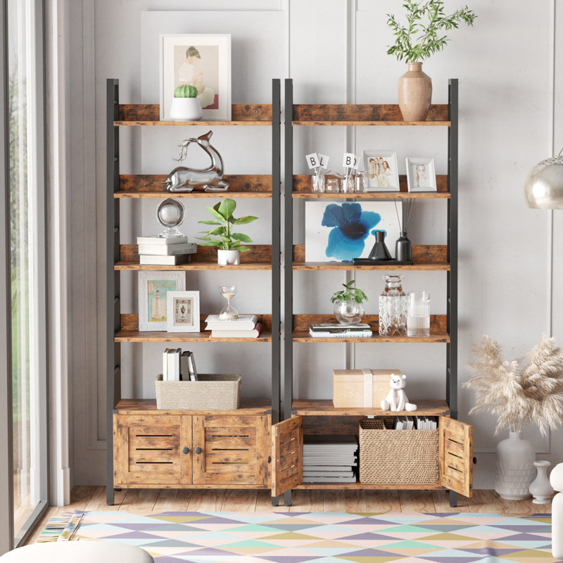 Kyesha Bookshelf With Louvered Doors, Ladder Shelf With Cabinet Industrial Accent Furniture For Bedroom Living Room Home Office, Rustic Brown