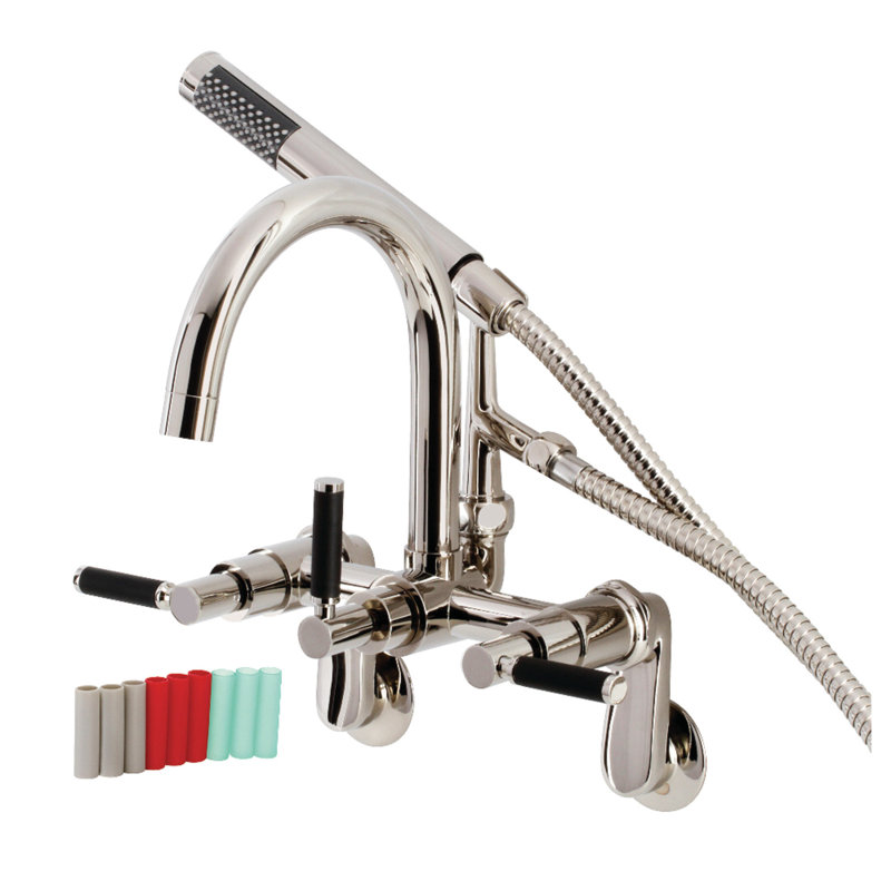 Kingston Brass Kaiser Three-Handle 2-Hole Tub Wall Mount Clawfoot Tub Faucet with Hand Shower, Polished Nickel