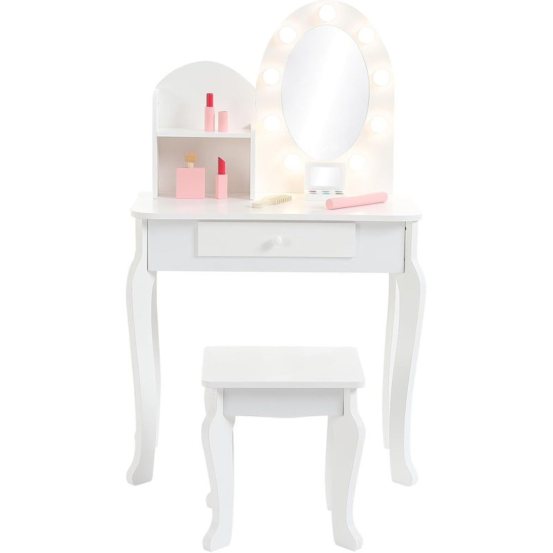 Kids' Vanity Table with Lighted Mirror & Stool, Wooden Makeup Playset for Girls Ages 4-9, White