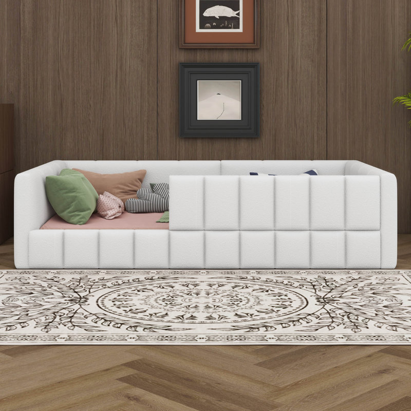 Lit tapissier en laine, structure de lit de jour doux avec garde-corps pour chambre d'enfants adultes, Twin