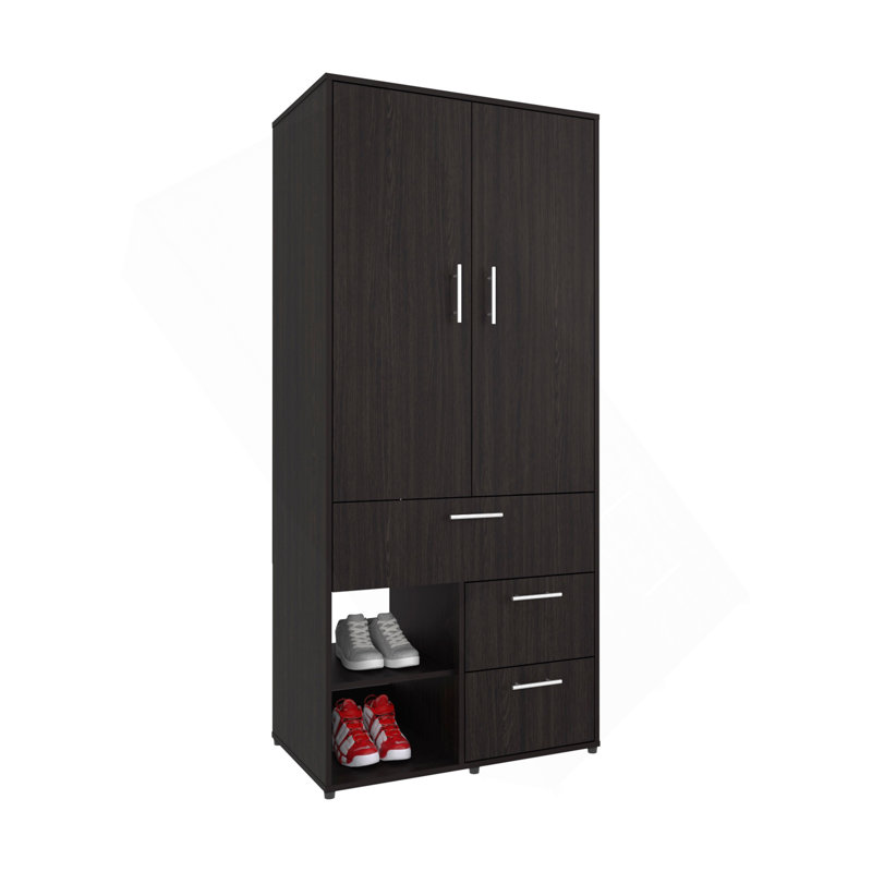 Armoire H 70,90 po, 2 portes, 3 tiroirs, 2 tablettes, 6 pieds, wengé noir - Chambre, Noir