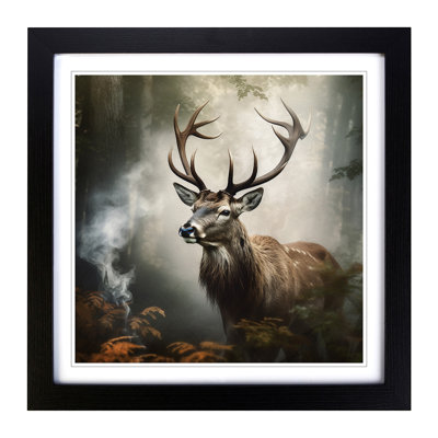 Stag In A Forest Smoke - Single Picture Frame Print on Wood