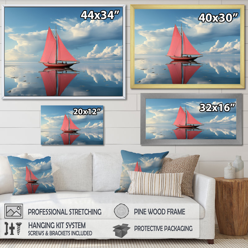Voilier rouge arctique, tranquillité I sur toile, H 30 po x l 40 po x P 1,5 po, Cadre flottant noir