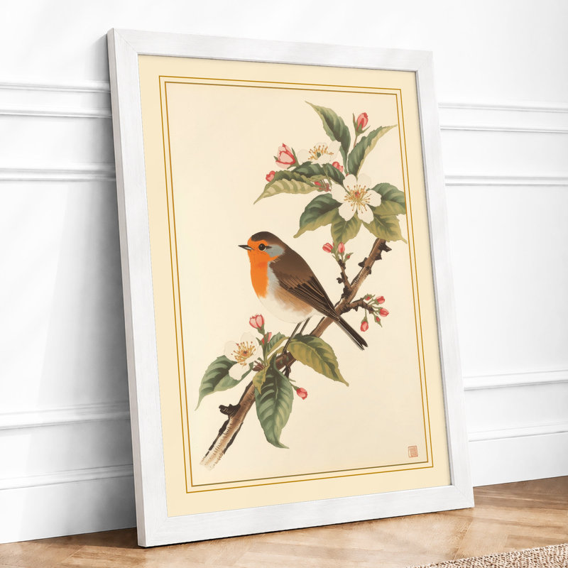 Robin on Blossom Botanical - Framed Print, A1 - 84.1 x 59.4 cm, White