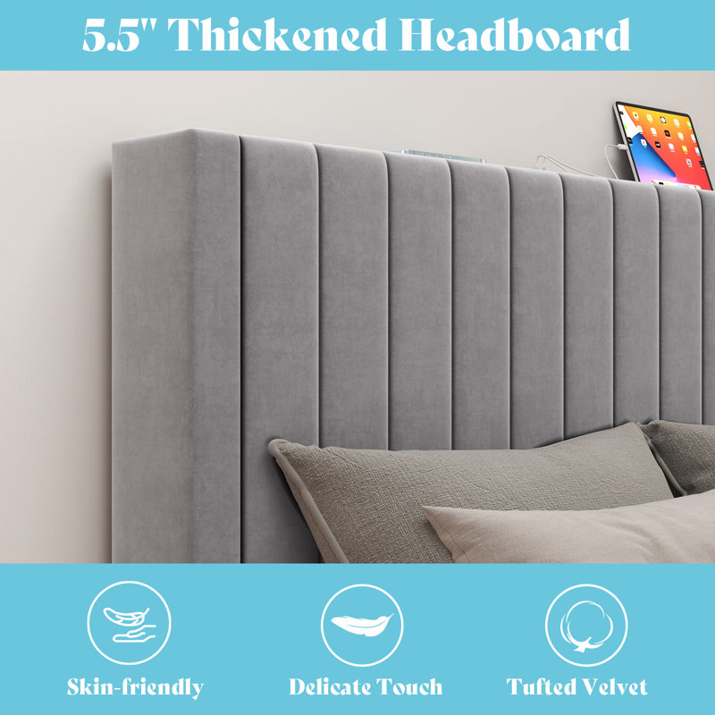 Alti 44.8'' Velvet Upholstered Tufted Bed Frame with Charging Station, Light Gray, Queen