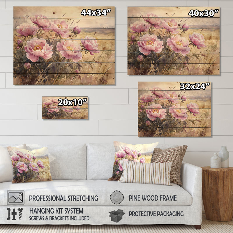Pivoines par la prairie ouverte II - Art mural en bois pivoines - sur bois de pin naturel, H 10 po x l 20 po x P 0,78 po
