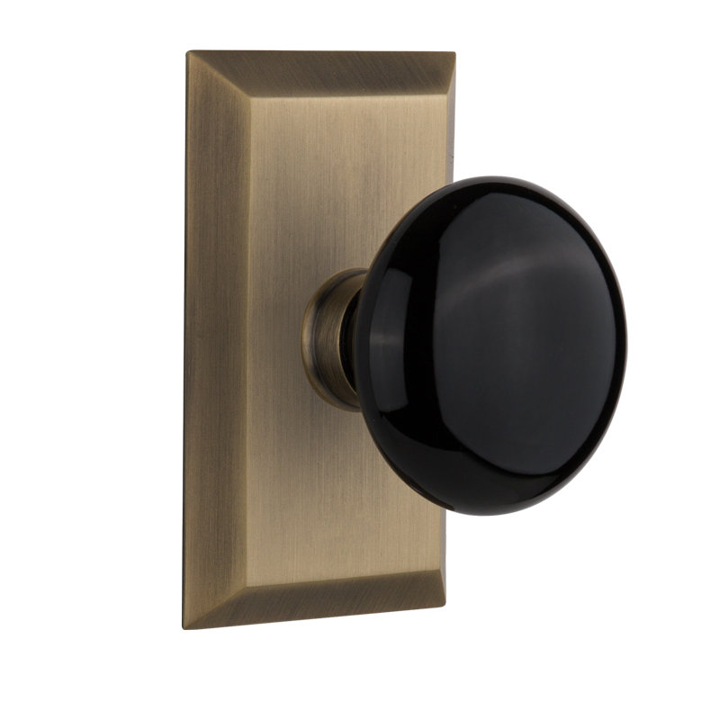 Studio Plate with Black Porcelain Door Knob, Antique Brass