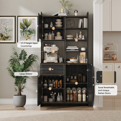 Armoire de cuisine 71 po de hauteur, huche de ferme avec support pour micro-ondes, buffet avec portes et tiroirs en rotin, noir