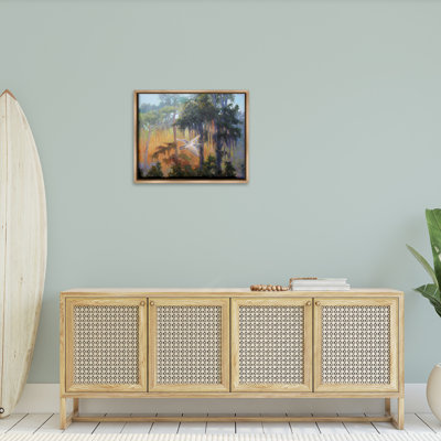 "Flying Egrets In Forest Floater Frame" par Sandy Nelson sur toile