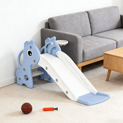 Glissade avec aspect girafe, 3 étapes pour l'ascension, et cerceau, polypropylène, pédales antidérapantes, mains courantes latérales, 1 an, bleu / blanc, glissière autoportante à nettoyage rapide à installation rapide, jeu en forme