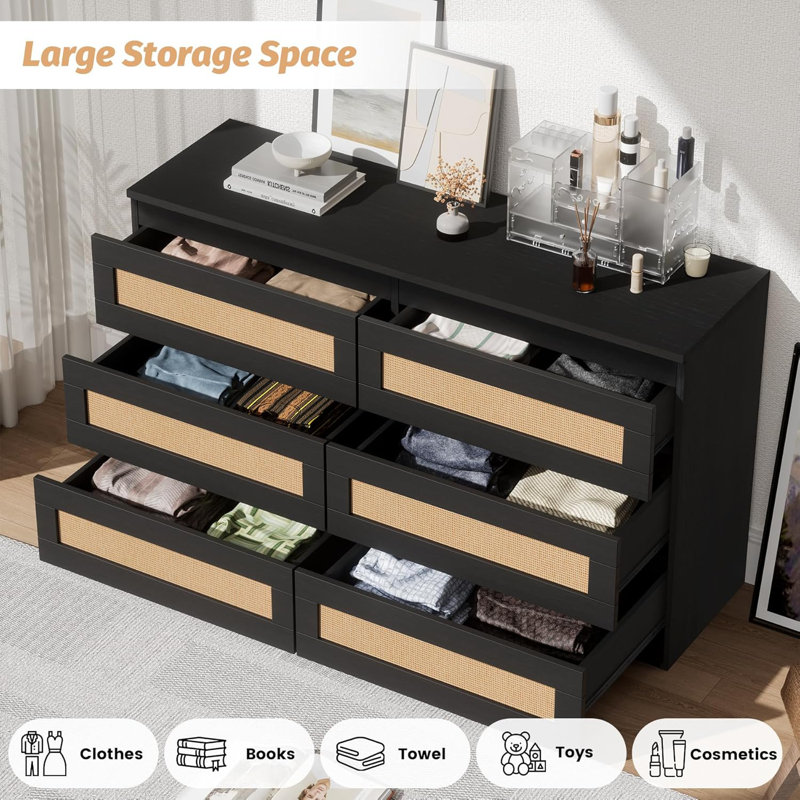 Nursery Rattan Dresser for Bedroom, Modern 6 Drawer Wooden Dresser Chest, Wide Wood Beside Table, Black