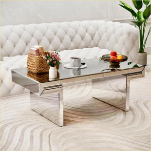 Table basse rectangulaire en miroir de 119 cm (47 po) avec verre trempé cannelé, décoration luxueuse et légère, assemblage facile en 2 étapes pour les petits espaces