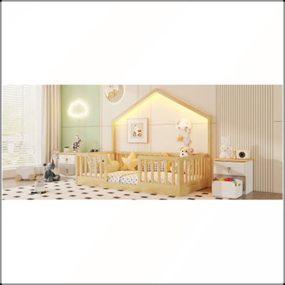 Twin Floor Bed with High Rails, Wooden Montessori Design for Kids, Natural Finish