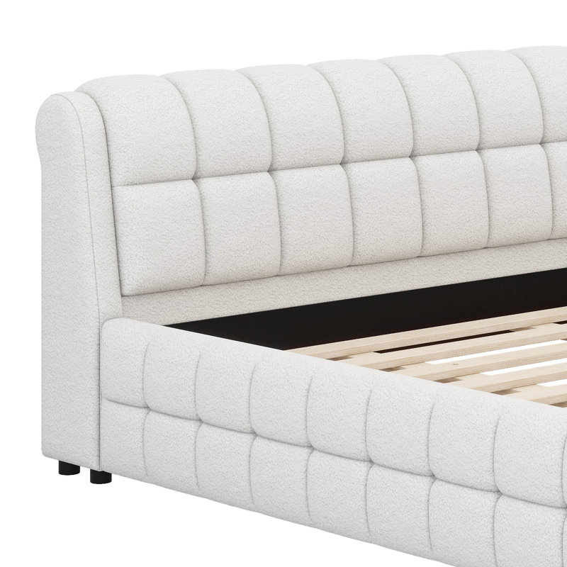 Lit plateforme tapissier d'inspiration Mid-Century avec pieds en bois, Blanc