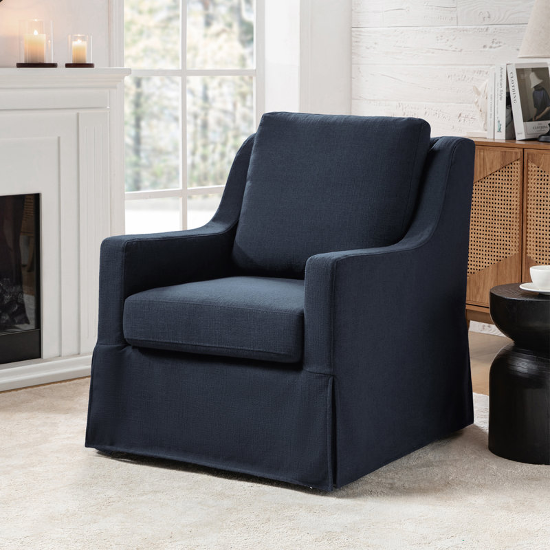 Wimberly 29.5" W Slipcovered Swivel Armchair , Navy Polyester