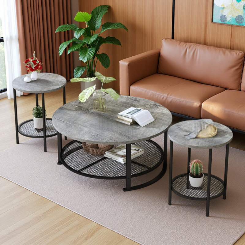 3-Piece Round Coffee Table Set With 2 End Tables, Modern Nesting Table With Storage Shelf, Black Metal Frame & Wood Top, Industrial Accent Furniture For Living Room, Bedroom, Small Space
