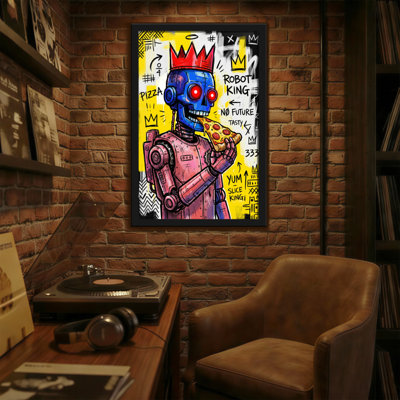 Fashion Robot King Eating Pizza With Crown
