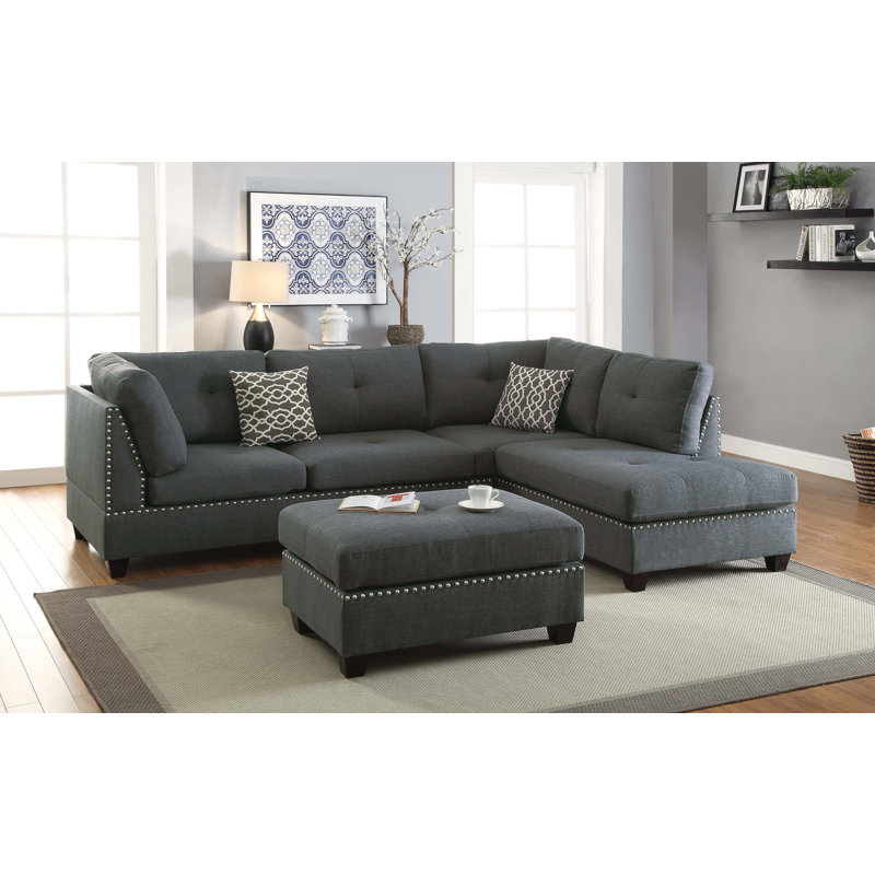 Canapé et méridienne réversible avec repose-pieds Ridwan, L 104 po x P 75 po, Tissu gris foncé